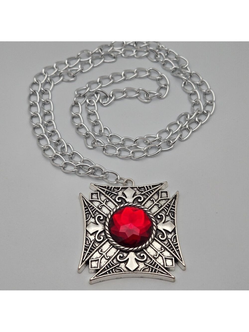 Vampire Medallion Costume Necklace Red Gem Gothic 36”